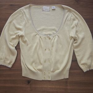 Guinevere Anthro Light Yellow + Silver Metallic Trim Cardigan Sweater - Medium